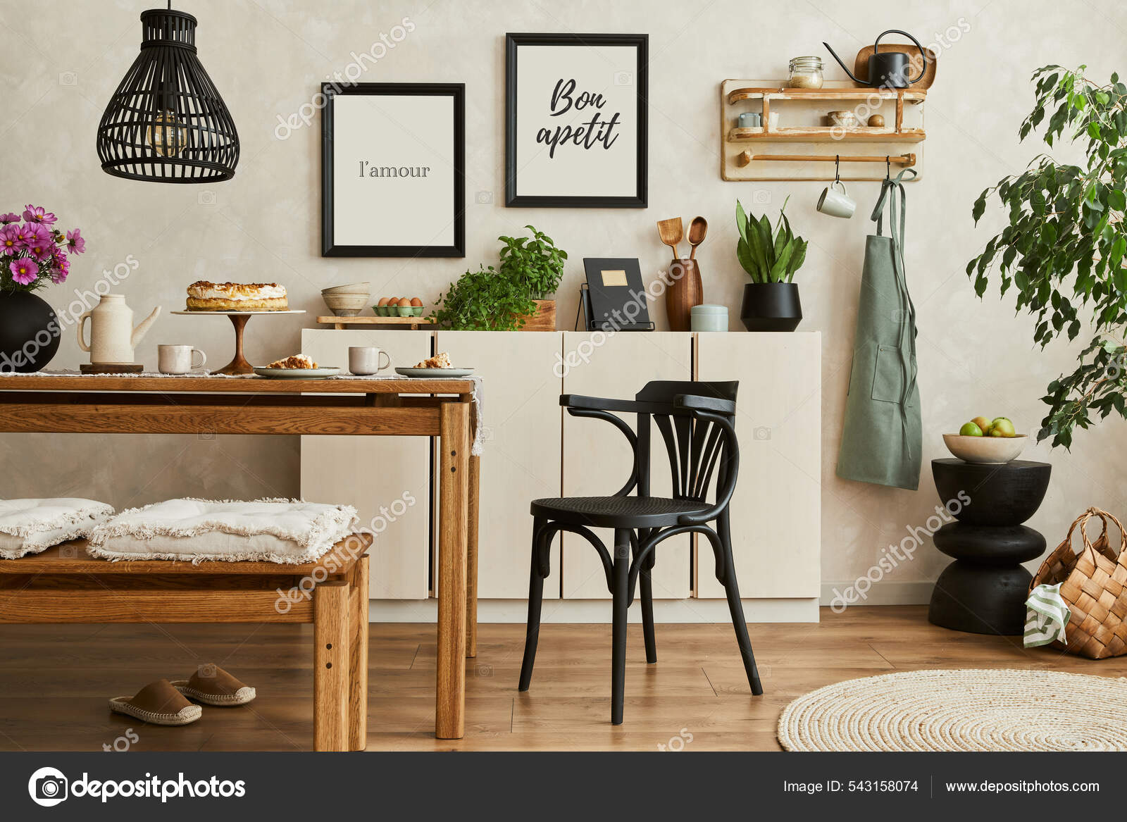 Stylish Composition Cozy Kitchen Interior Design Mock Poster Frames Beige  Stock Photo by ©Followtheflow 543158074