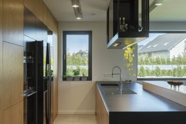Minimalist, ahşap mutfak iç mimarisi ergonomik biuld mutfak ve mutfak adası. Geometrik biçimler ve şekiller. Ayrıntılar. Şablon.