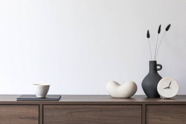 Kahverengi ahşap klozet ve küçük dekorasyonlu şık bir oturma odası kompozisyonu. Beyaz duvar. Uzayı kopyala Şablon. 