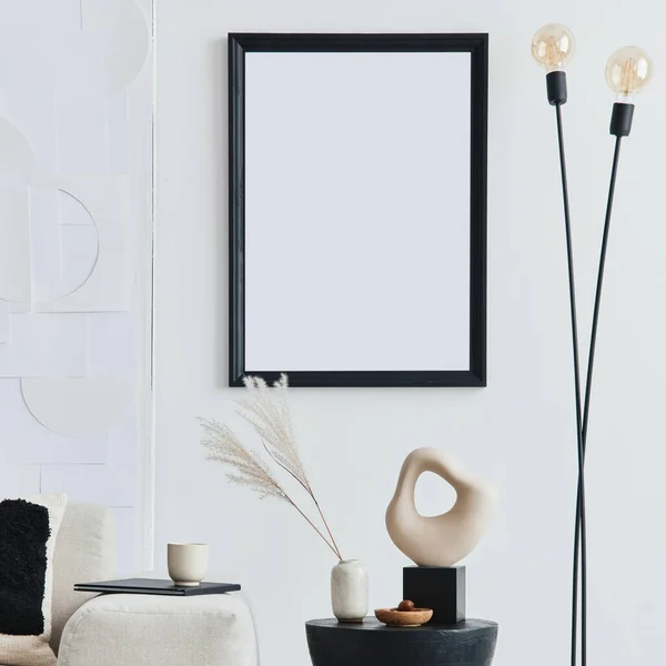 Stylish Interior Living Room Cozy Home Mock Poster Frame Black — Stock Photo, Image