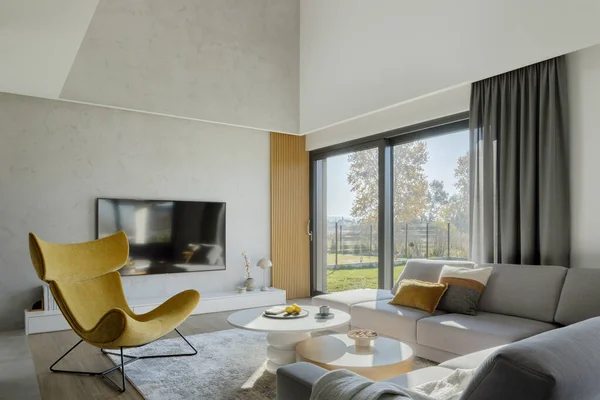 Stylish Composition Living Room Interior Corner Beige Sofa Yellow Armchair — Stock Photo, Image