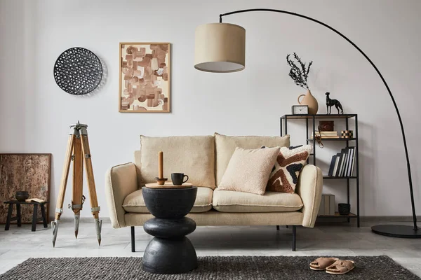 Creative composition of modern living room interior with mock up poster frame, beige sofa, side table and stylish small personal accessories on metal shelf. Copy space. Template.