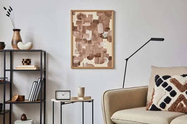 Stylová Kompozice Elegantního Interiérového Designu Obývacího Pokoje Modelovým Rámečkem Plakátu — Stock fotografie