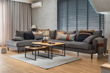 Köşedeki gri kanepe, yeşil kadife koltuk, sehpa, ahşap zemin, tasarım mobilyaları ve minimalist kişisel aksesuarlarla oturma odasının şık kompozisyonu. Modern ev dekorasyonu. Şablon.