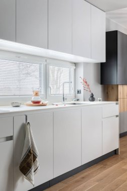 Mobilyaların ve mutfak aksesuarlarının şık dekorasyonuyla donatılmış minimalist ve modern beyaz mutfak. Pencereler. Ayrıntılar. Şablon. 