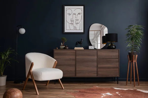 Elegantní Moderní Design Interiéru Obývacího Pokoje Nadýchaným Křeslem Dřevěnými Komodami — Stock fotografie