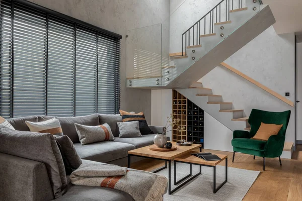Stylish Composition Living Room Interior Corner Grey Sofa Green Velvet — Stock Photo, Image