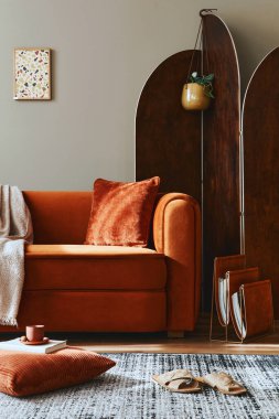 Tasarım kanepesi, ahşap oda ekranı, yastık, battaniye, resim çerçevesi, halı ve şık ev dekorları ile modern iç mimari kavramı. Şablon.