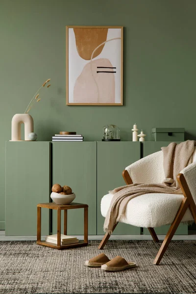 Moderní Interiérová Kompozice Obývacího Pokoje Modelovým Rámečkem Plakátu Frotovým Křeslem — Stock fotografie