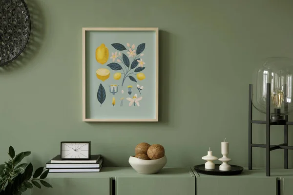 Modern Oturma Odasının Kısmının Şık Kompozisyonu Poster Çerçevesi Ahşap Okaliptüs — Stok fotoğraf