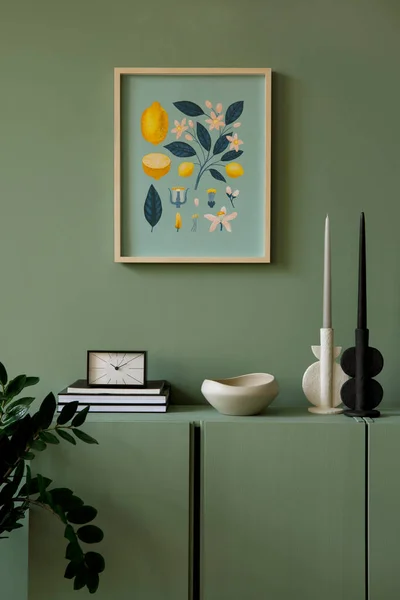 Modern Oturma Odasının Kısmının Şık Kompozisyonu Poster Çerçevesi Ahşap Okaliptüs — Stok fotoğraf