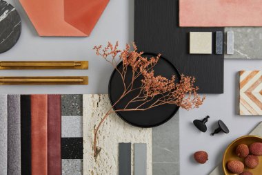 Creative flat lay composition with textile and paint samples, panels and tiles. Stylish interior designer moodboard. Pink, black and light grey color palette. Copy space. Template.  clipart