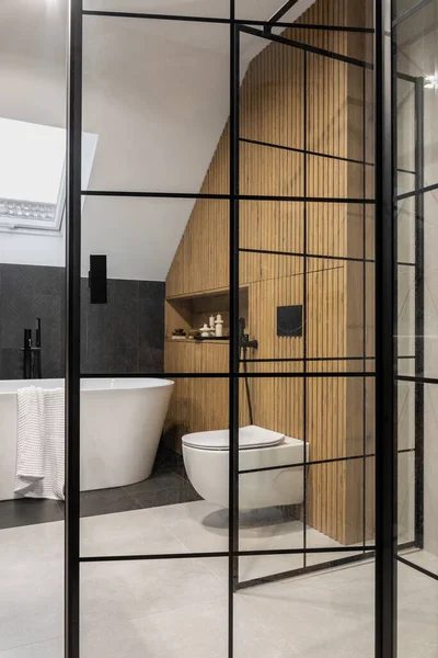 Stylish Interior Bathroom Bathtub Shower Towels Personal Accessories Modern Design — Stock Photo, Image