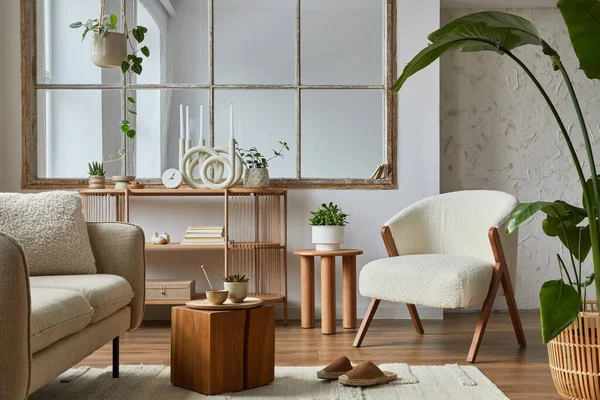 Elegante Composición Interior Moderno Salón Con Sillón Frotte Sofá Plantas — Foto de Stock