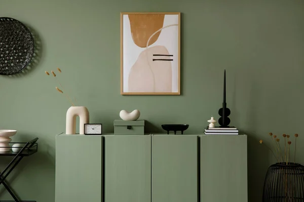 Stilvolle Komposition Moderner Wohnzimmereinrichtung Mock Plakatrahmen Hölzerne Eukalyptuskommode Und Kreative — Stockfoto