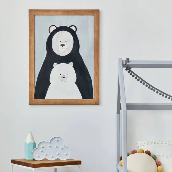 Interior Ruangan Anak Anak Skandinavia Dengan Poster Tiruan Ranjang Kreatif — Stok Foto
