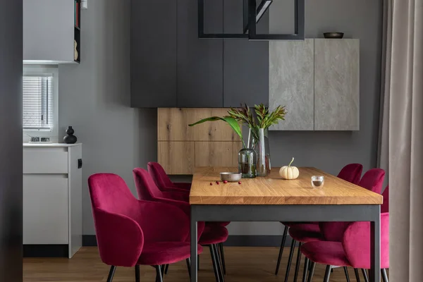 Elegant Dining Room Interior Composition Velvet Chairs Design Wooden Table Stock Image