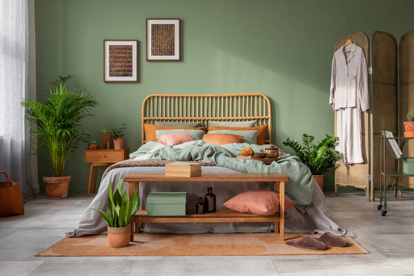 Stylish Bedroom Interior Design Mock Poster Frame Bamboo Bed Night Stock Image