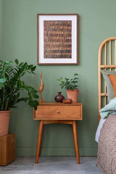 Stylish Bedroom Interior Design Mock Poster Frame Bamboo Bed Night Stock Photo