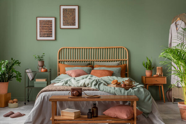 Stylish Bedroom Interior Design Mock Poster Frame Bamboo Bed Night Stock Image