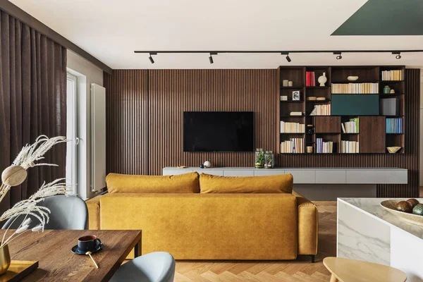 Creative Modern Vintage Living Room Interior Design Yellow Sofa Lamella — Stock Photo, Image