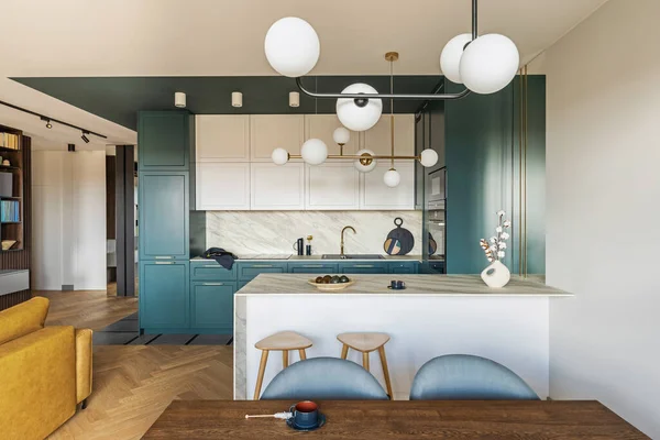 Luxury Modern Vintage Turquoise Interior Marble Kitchen Island Wooden Chockers — Stock Photo, Image