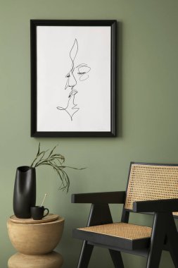 Stylish living room interior design with mock up poster frames, rattan armchair, coffe table, and creative home accessories. Sage green wall. Template. 