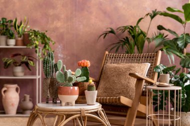 Yaratıcı geniş oturma odasının şık kompozisyonu koltuk, sehpa, bitkiler ve aksesuarlarla. Ahşap duvarlar ve parke zemin. Şablon. 