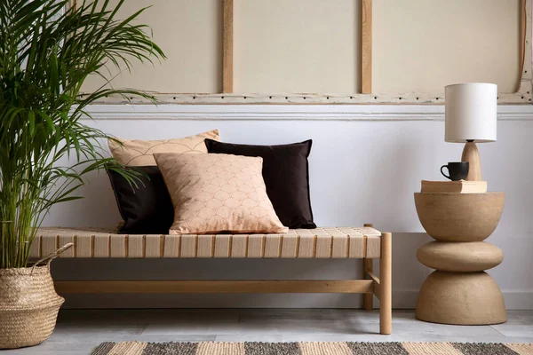 Creative Living Room Interior Composition Boho Couch Elegant Pillows Side — Fotografia de Stock