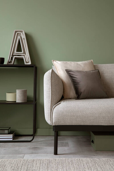 Elegant composition of living room interior. Modern sofa, design pillows, metal shelf and creative personal accessories. Sage green wall. Template. Copy space. 