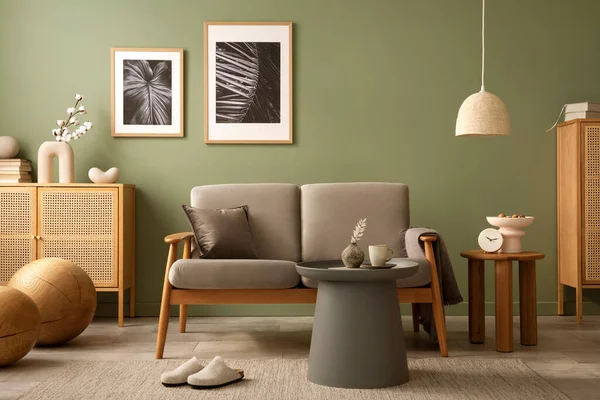 Komposisi Elegan Interior Ruang Tamu Modern Scandi Sofa Desain Bantal — Stok Foto
