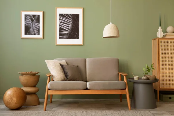 Stylish Living Room Interior Composition Modern Scandi Sofa Mock Frames — Stockfoto
