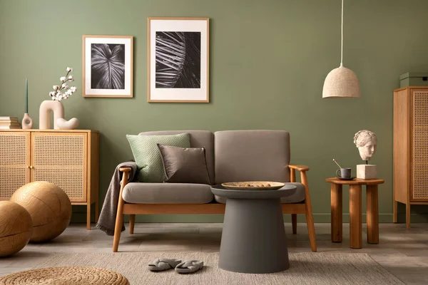 Elegantní Složení Interiéru Obývacího Pokoje Moderní Skandi Pohovka Designové Polštáře — Stock fotografie