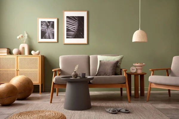 Oturma Odasının Kısmının Zarif Kompozisyonu Modern Skandi Kanepesi Dizayn Yastıkları — Stok fotoğraf