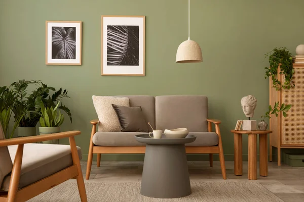 Komposisi Elegan Interior Ruang Tamu Modern Scandi Sofa Meja Samping — Stok Foto