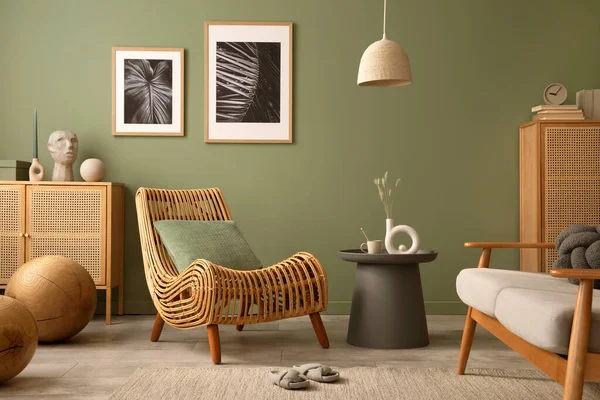 Creative Living Room Interior Composition Boho Chair Mock Frames Commodes — Stock fotografie