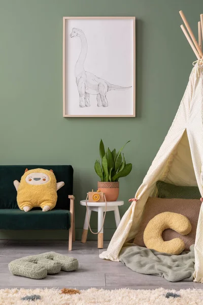 Stylish Composition Cozy Child Room Interior Design Green Wall Poster —  Fotos de Stock