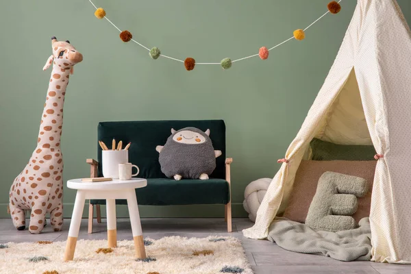 Creative Composition Stylish Cozy Child Room Interior Design Greeen Wall — Stockfoto