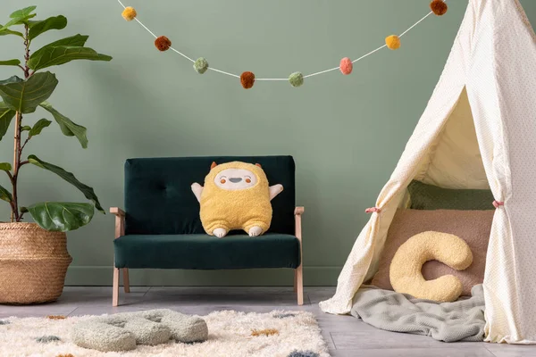 Creative Composition Stylish Cozy Child Room Interior Design Green Wall — Stock Photo, Image