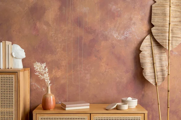 Creative Composition Vintage Living Room Rattan Chest Drawers Boho Leaves — ストック写真