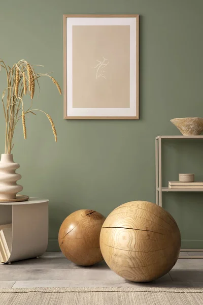 Stylish Living Room Interior Design Mock Poster Frames Wooden Ball — Stok Foto