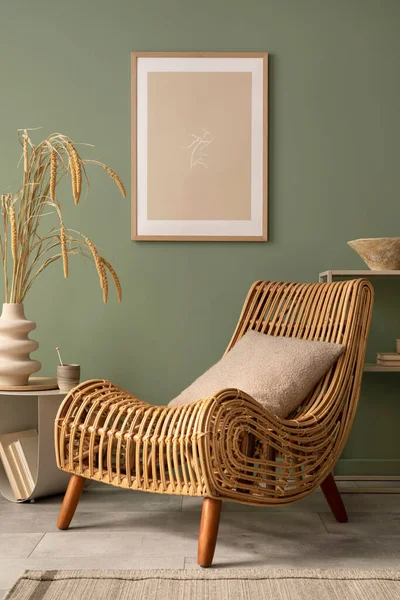 Stylish Living Room Interior Design Mock Poster Frames Wicker Armchair — Stockfoto