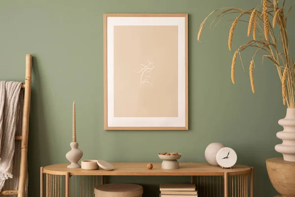 Stylish Living Room Interior Design Mock Poster Frames Wooden Chest — 스톡 사진