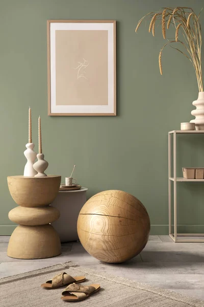 Stylish Living Room Interior Design Mock Poster Frames Wooden Ball — Stockfoto