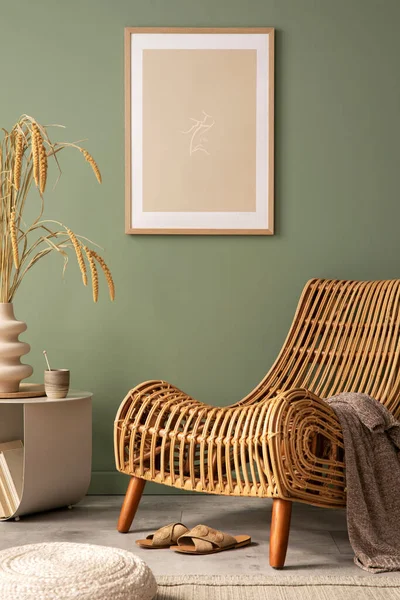 Stylish Living Room Interior Design Mock Poster Frames Wicker Armchair — Stock Fotó