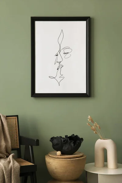 Stylish Living Room Interior Design Mock Poster Frames Rattan Armchair — Stockfoto