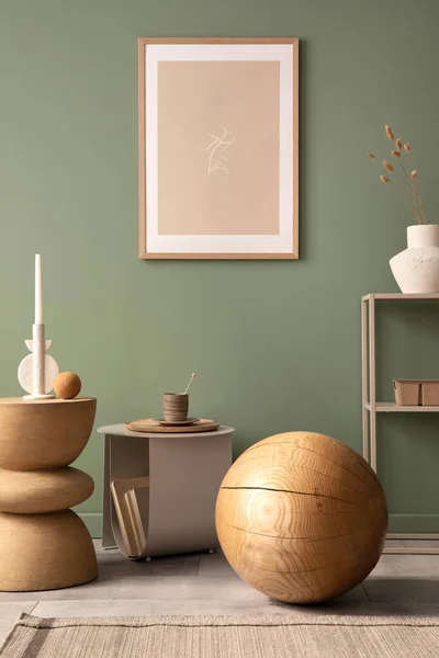 Stylish Living Room Interior Design Mock Poster Frames Wooden Ball — Stockfoto