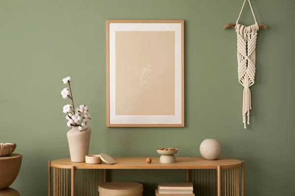 Stylish Living Room Interior Design Mock Poster Frames Macrame Wooden — Foto Stock