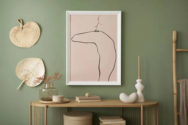 Stylish Living Room Interior Design Mock Poster Frames Wooden Chest — Stockfoto
