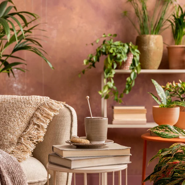 Stylish Composition Creative Spacious Living Room Interior Plants Beige Sofa — 스톡 사진